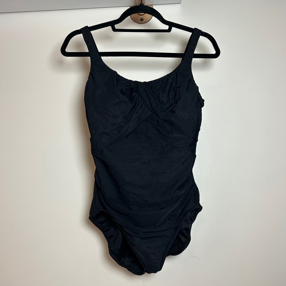 Lands End‎ Womens Black Twist Front Ruched One Piece Swimsuit Size 14